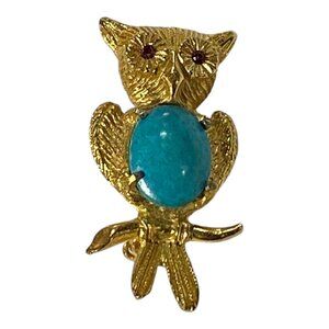 Vtg Gold Toned Owl Turquoise Jelly Belly Body & Red Rhinestone Eyes Brooch Pin